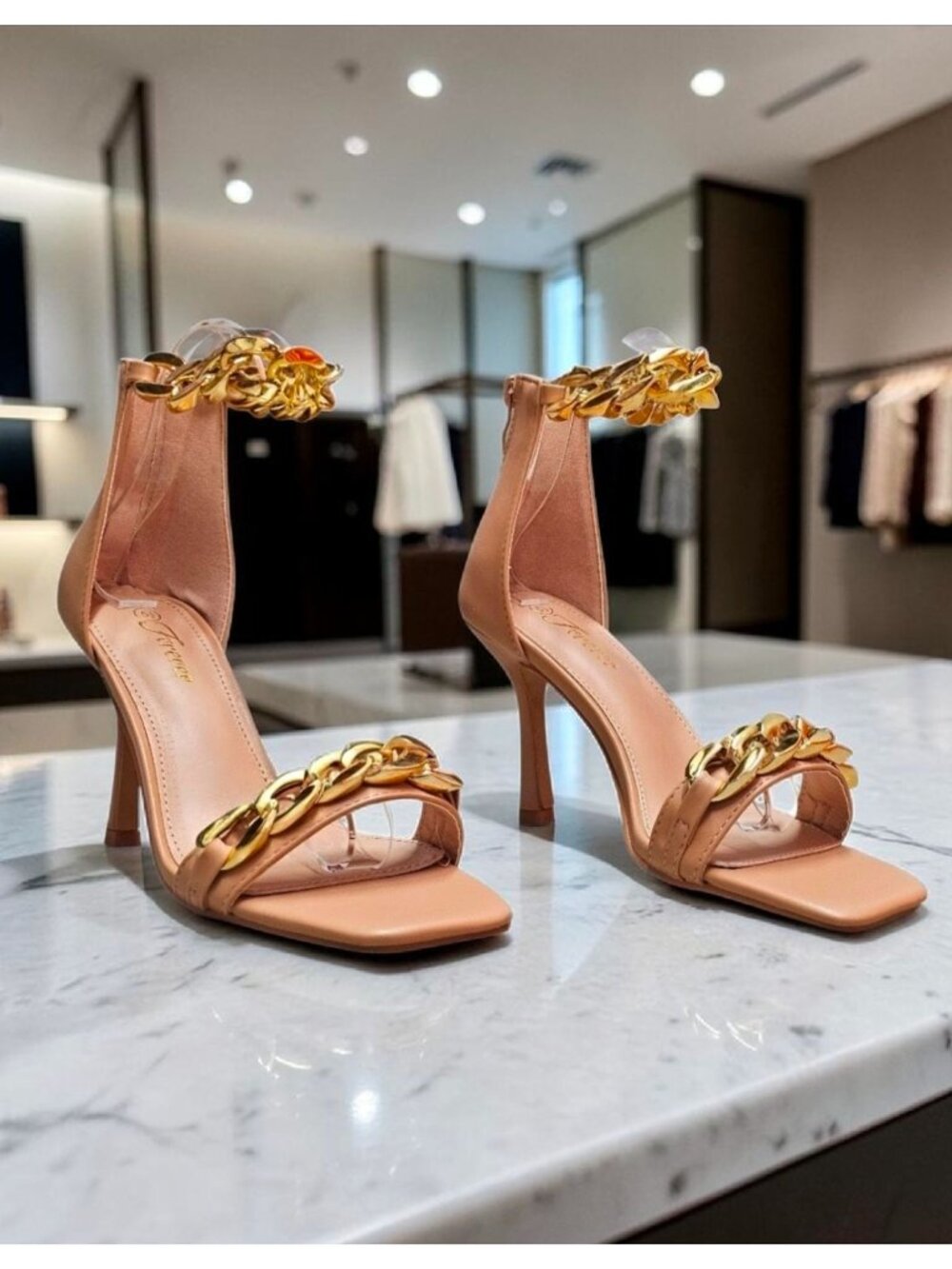 Gold Chain Embellished Nude Stiletto Heels With Ankle Strap - Sleek & Elegant Op - Picture 5 of 14